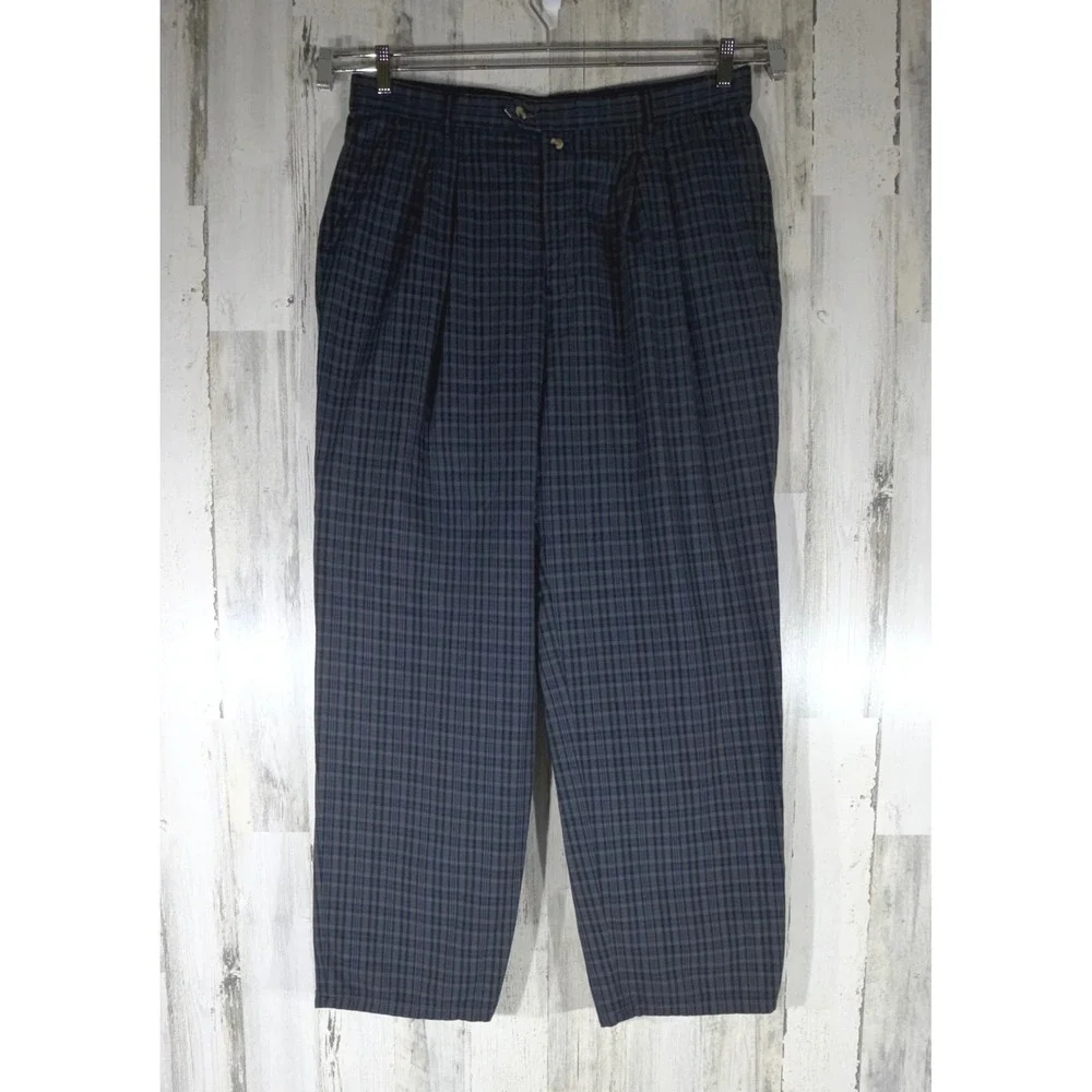 Tommy Hilfiger Plaid Pleated Trousers 38 (fits 36x32) Blue Gray Vintage Baggy‎